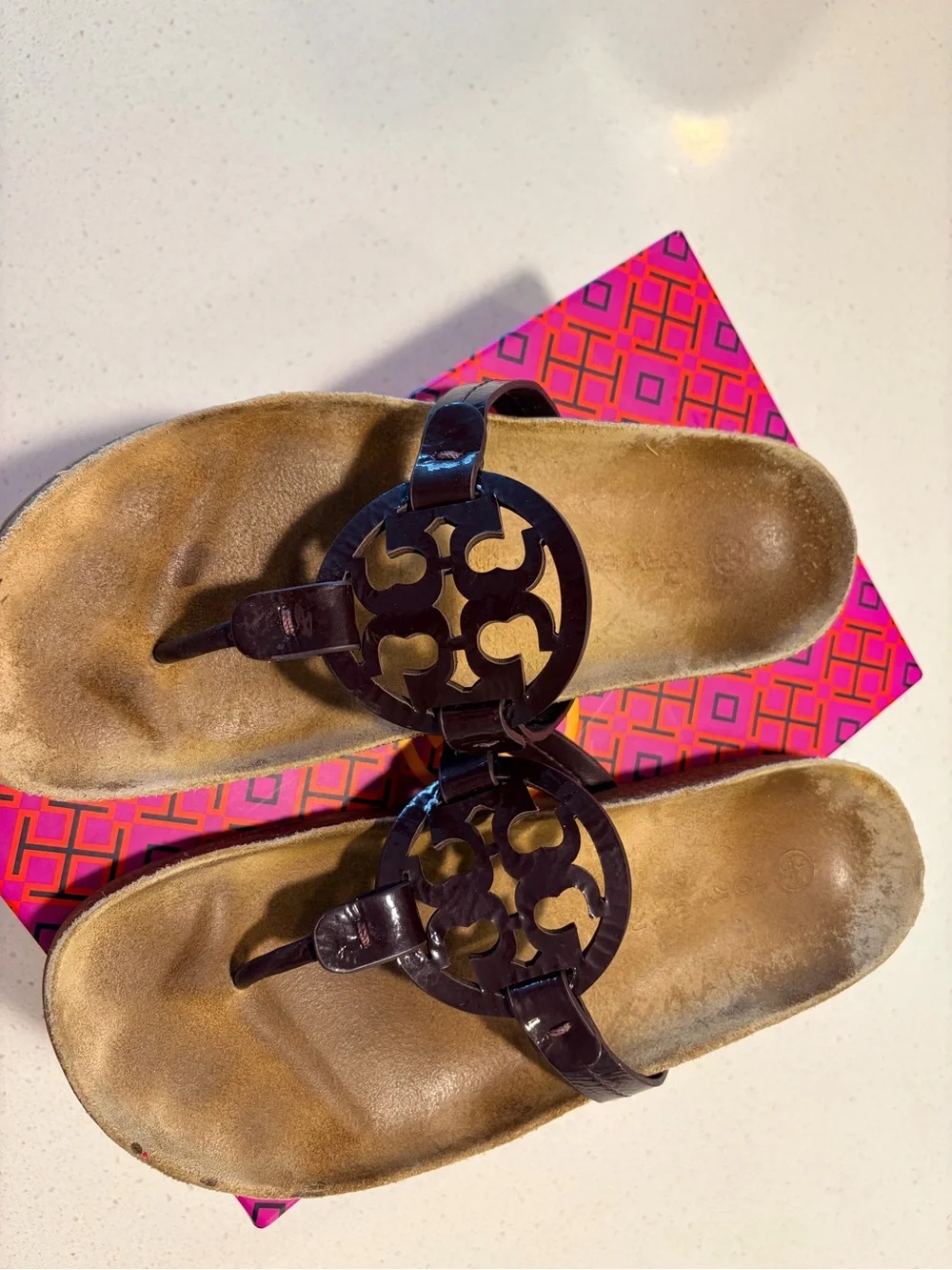Tory Burch Dark Brown Logo Thong Sandals